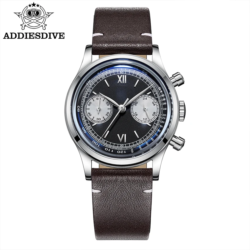 ADDIESDIVE Mens Watch 100m Waterproof  Multifunctional Leather Belt Chrono Chronograph VK64 Quartz Watches Reloj Hombre