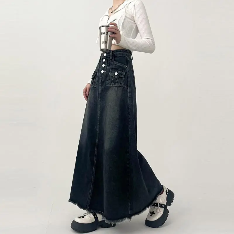 High-waisted Cargo Denim Skirt Women's Autumn Long A-line Mid-length Skirt  Retro Raw Edge Y2k Female Clothing Korean Style 5