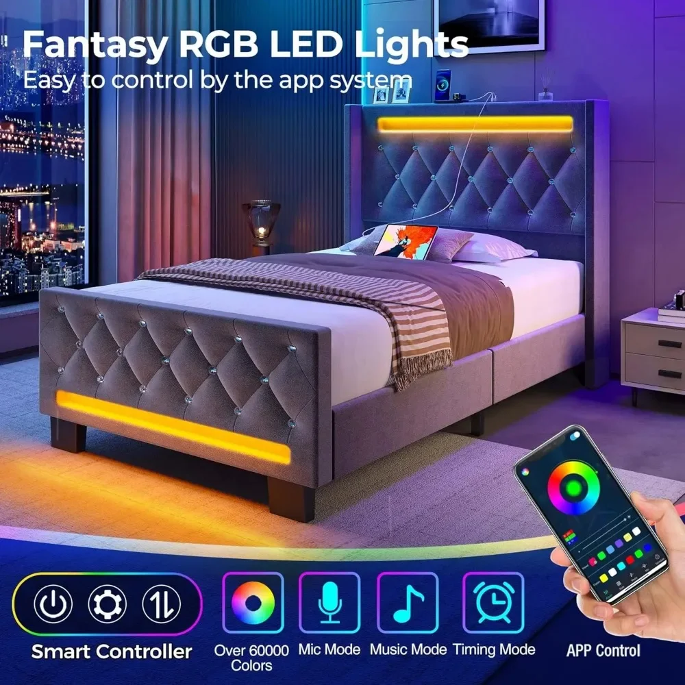 Twin Bed Frame with LED Light and Charging Station, Upholstered High Headboard and Footboard, Wood Slats, Noise Free 3