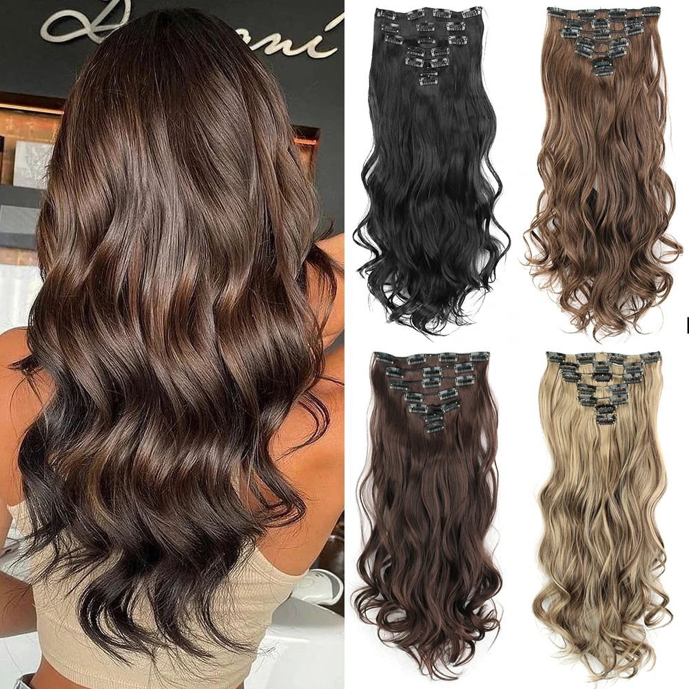 

AZQUEEN Synthetic Long Natural Wavy Clip In Hair Extensions For Women 7Pcs/Set 16 Clips Fake Hair Piece Brown Black 24Inch 140G