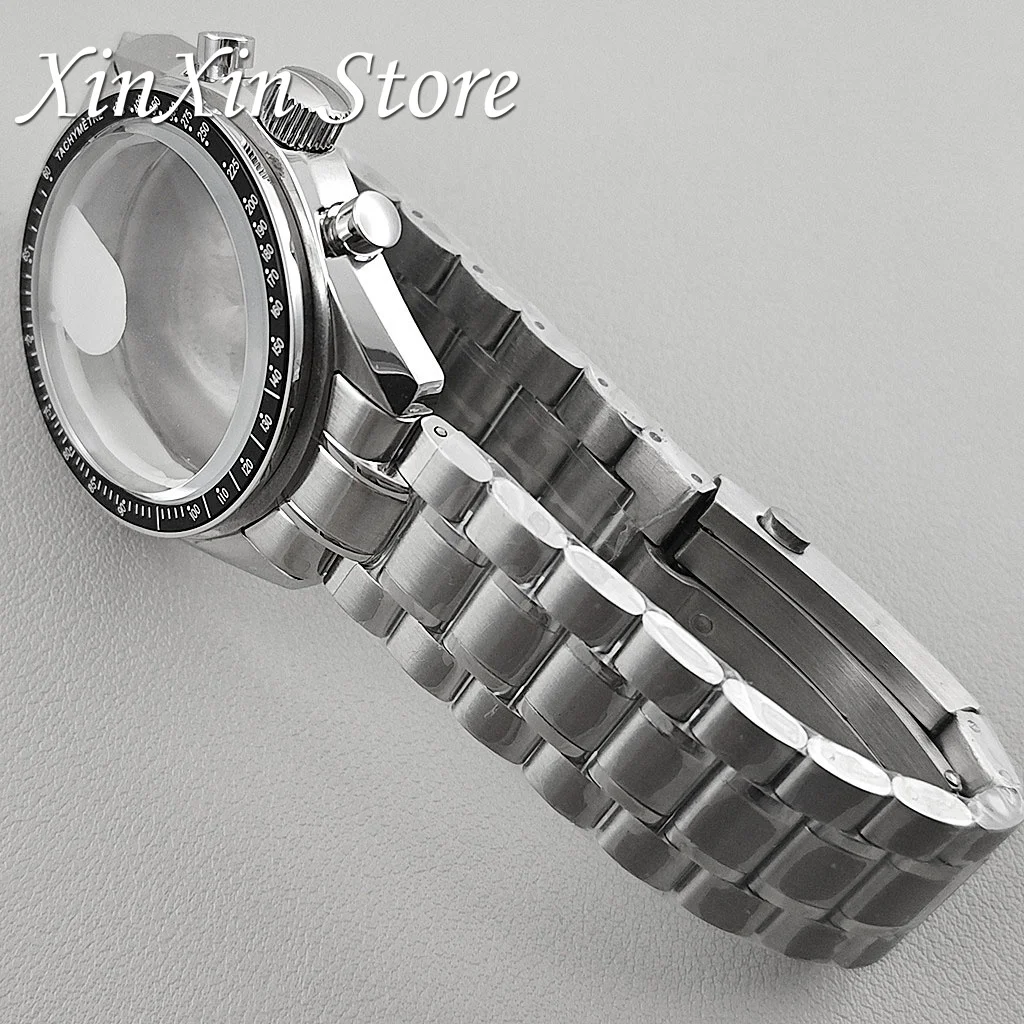 Men's 39.7mm Blue Bezel Watch Case with Moon Pattern Back and Chronograph Function for Quartz Movement, Fits 20mm Strap