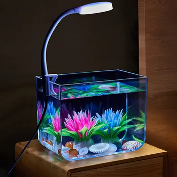 Small Fish Tank with Clamp Light, Ultra-Clear Plastic Aquarium Starter Kit, Anti-Slip Base, Desktop Decor for Living Room Home