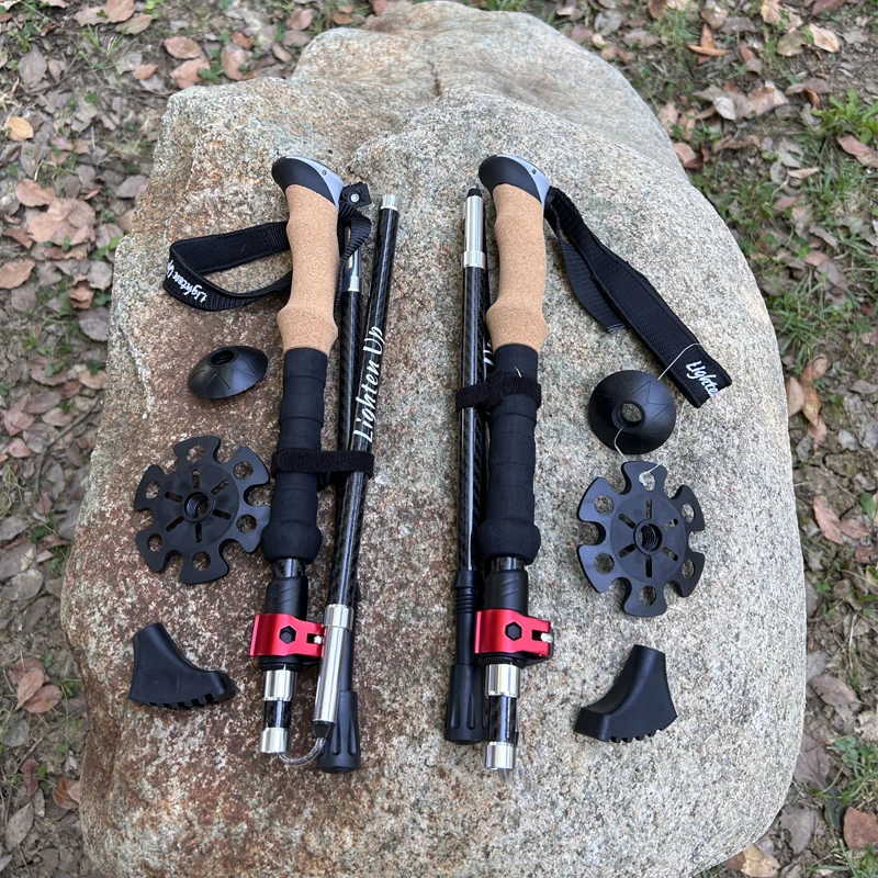 LIGHTEN UP 2Pcs Carbon Fiber/Aluminum Alloy Trekking Poles Collapsible Telescopic Sticks Lightweight Walking Hiking Stick Climb 6