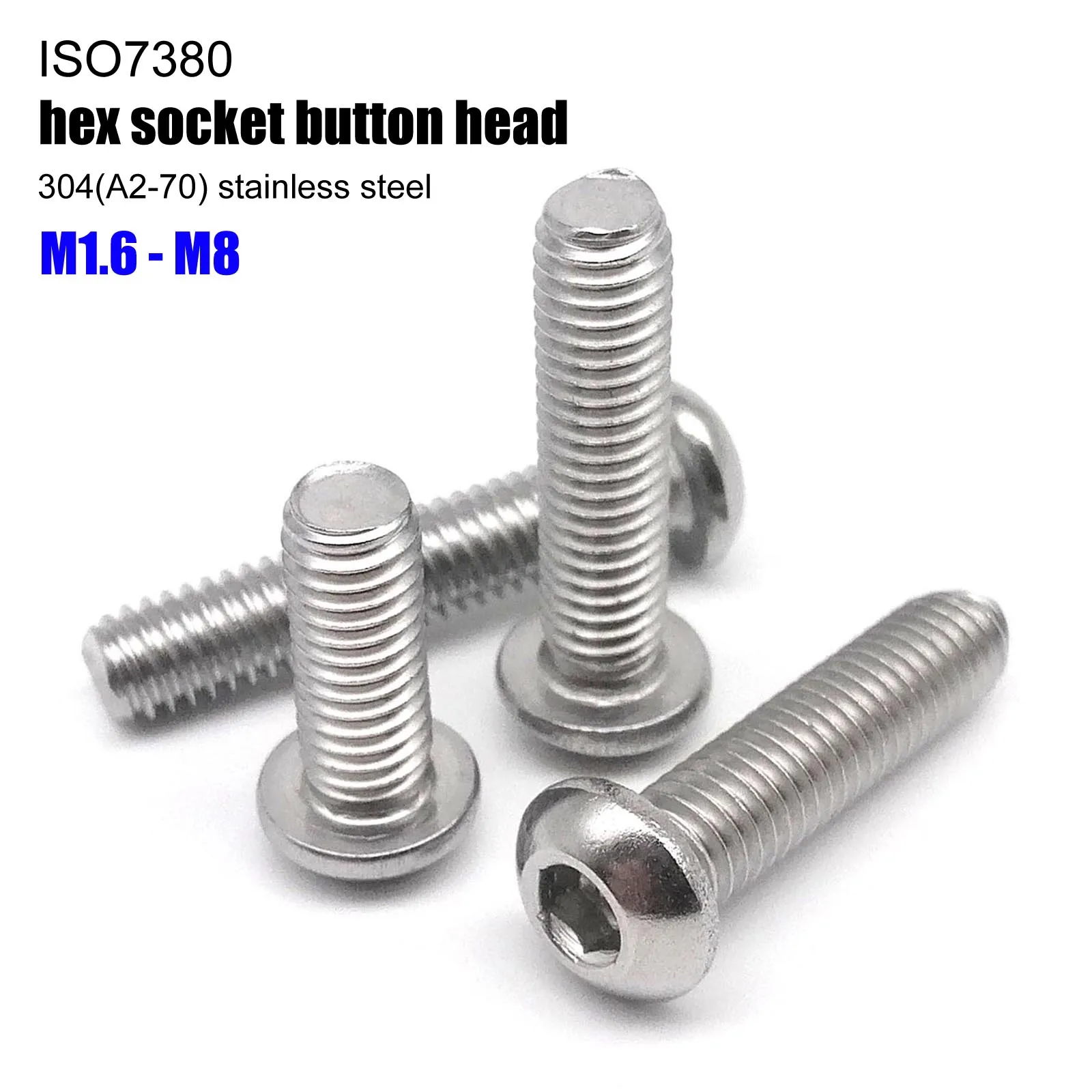 Stainless Steel ISO7380 Hexagon Hex Socket Head Button Allen Bolt Screw L=3-100mm 10/50pcs M1.6 M2 M2.5 M3 M4 M5 M6 M8 304 A2-70