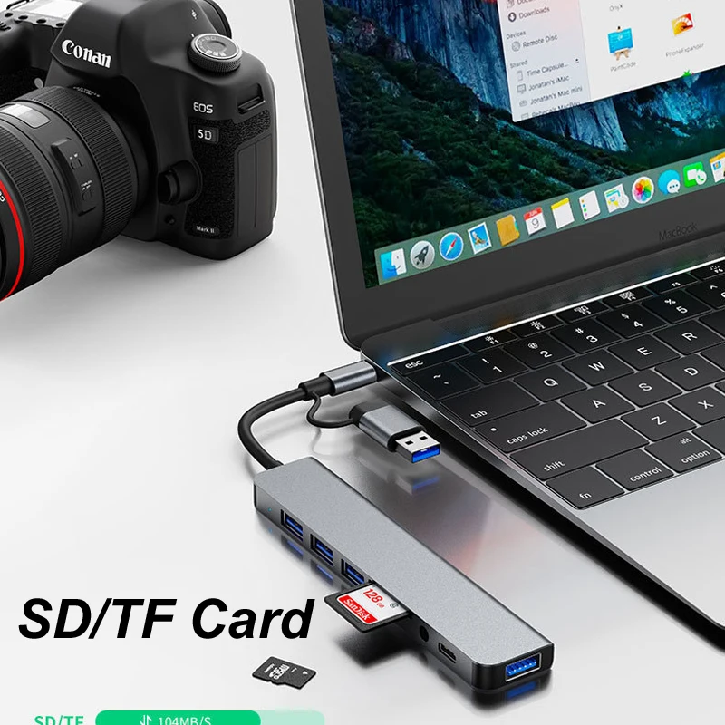 8 IN 1 USB TYPE C 3.0 HUB 3.5MM Audio SD TF Card reader 5Gbps OTG Keyboard mouse hard drive Macbook Pro Laptop PC Phone