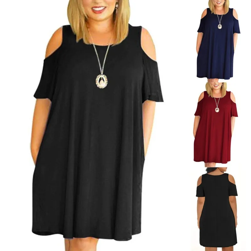 Summer new fashion women's plus-size dress loose round neck off-the-shoulder A-line skirt