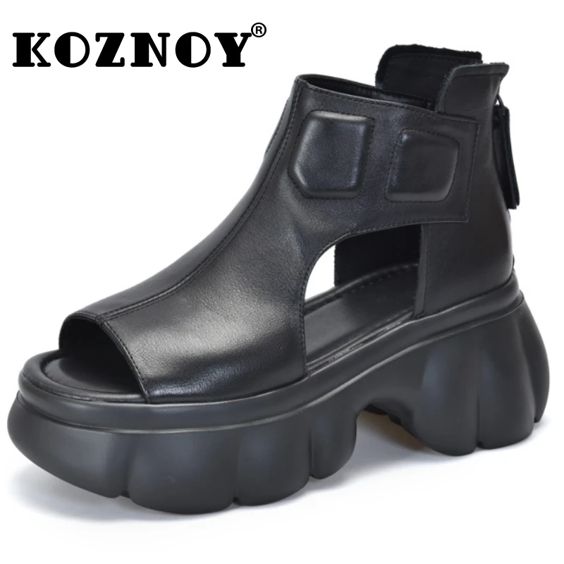 

Koznoy 7cm Genuine Leather Boots Chimney Fashion Peep Toe Moccasins Motorcycle Ankle Booties Summer Sandals Hollow Women Shoes