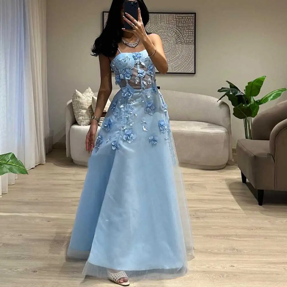 

Gorgeous Tulle Strapless Evening Dress Floral Decoration Spaghetti Strap A-Line Zipper Pleated Women's Fashion Prom Party Gown