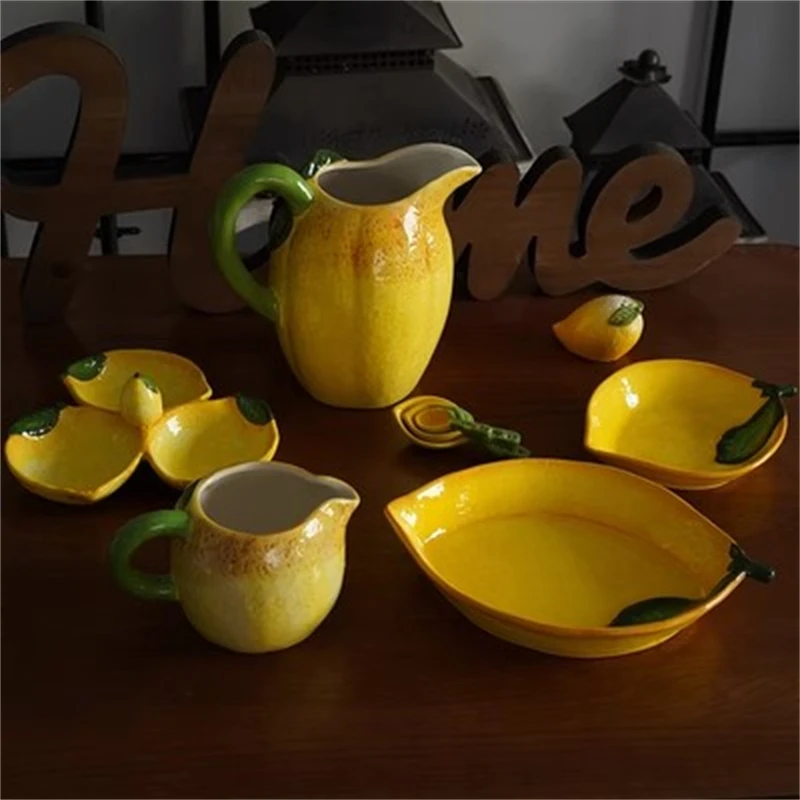 

Dessert Fruit Tray Afternoon Tea Kettle Milk Mug Dinnerware European Ceramic Lemon Shaped Plate Underglaze Colored Salad Bowl