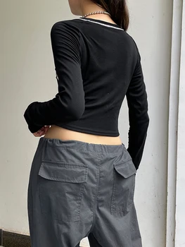 Women's Crew Neck Tops Fashion Letter Print Long Sleeve Fit T-Shirt Casual Blouse Streetwear 2