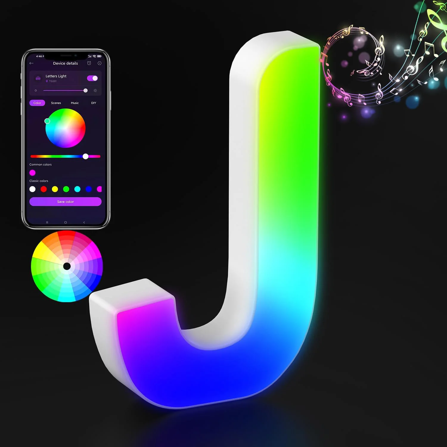 Illuminated Glitter Alphabet LED Light with Color-Changing and Music Sync Features