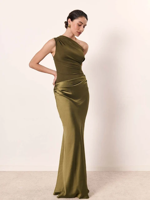 Robe longue élégante asymétrique en satin patchwork pour femme, sans manches, froncée, ajustée, pour invitées de mariage et soirées 2026