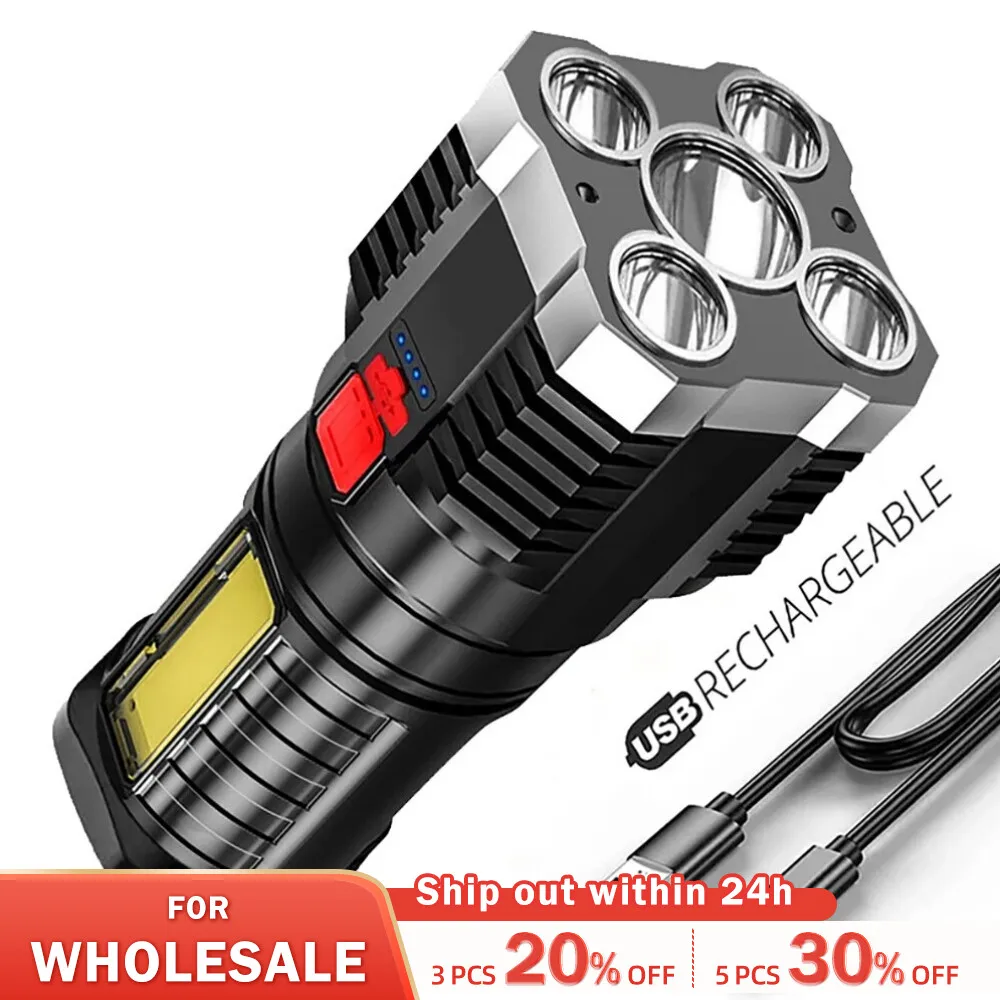 5LED High Power Led Flashlights Rechargeable Camping Spotlight with Side Light 3 Lighting Modes for Camping Adventure Outdoor