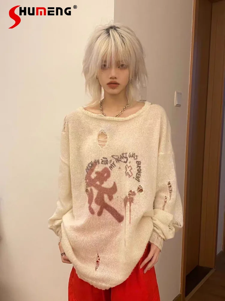 

Punk Harajuku Women's Ripped Graffiti Sweater Autumn Loose Long Sleeve Thin Overclothes Sun Protection Clothing Love Knitwear
