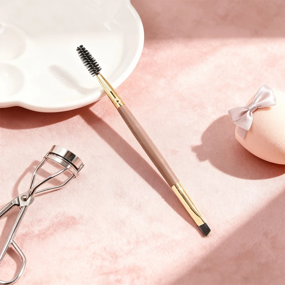 1PCS Dual-Ended Brow Brushes - Vegan Nylon & Golden Handle, Travel-Friendly Micro-Fine Bristles (Beginners & Pros)