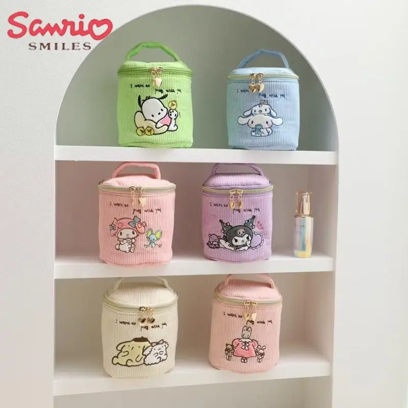 

Japanese Cartoon Cylinder Bag Sanrio Cinnamoroll Pachacco Kuromi Melody Corduroy Makeup Bag Kawaii Multifunctional Storage Bag