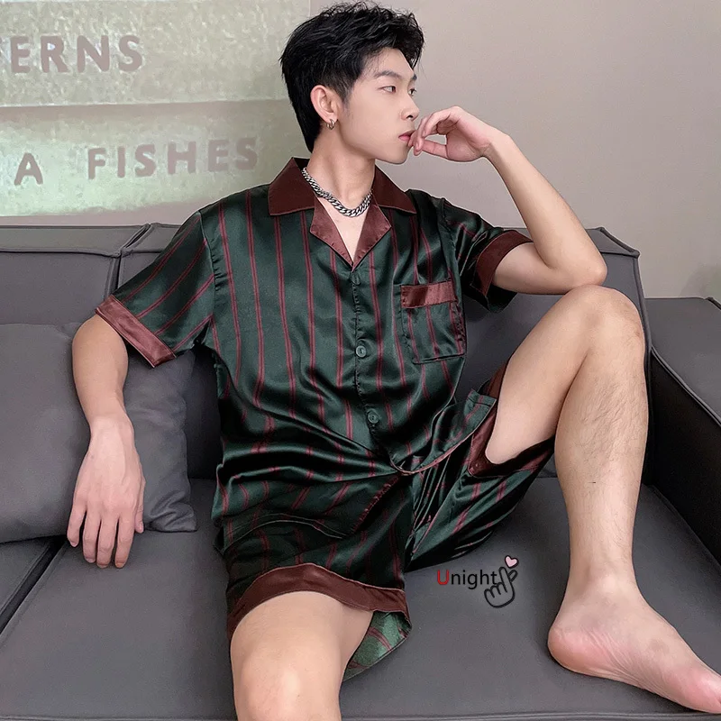 Silk Pajamas Set Men Short Satin Large Size Summer Sleepwear Home Clothes Stripe Big Size 4XL Plaid
