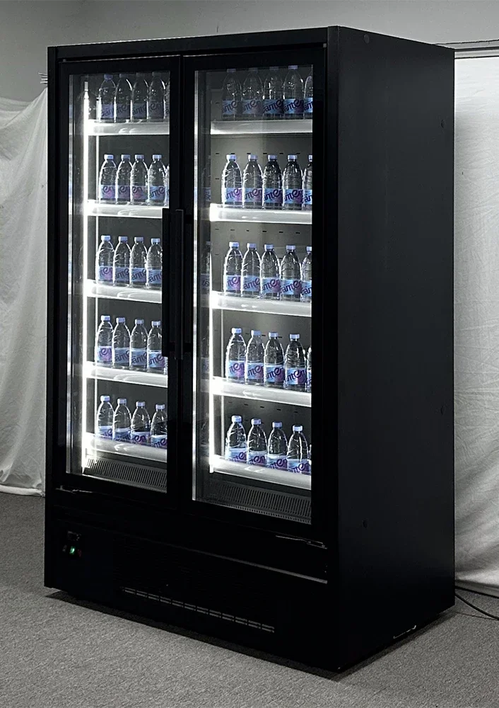 Double Door Front Opening Display Chiller Food Drink Refrigerator Showcase Supermarket Vertical Open Cooler