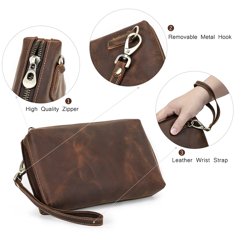 Mens Leather Clutch Bag with Wrist Strap, Brown