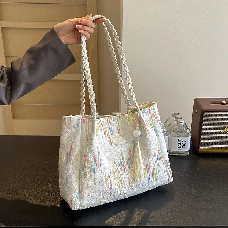 Large Capacity Women's Bag 2024 New Canvas Commuting Contrast Color Handbag Striped Multi functional Shoulder Bag