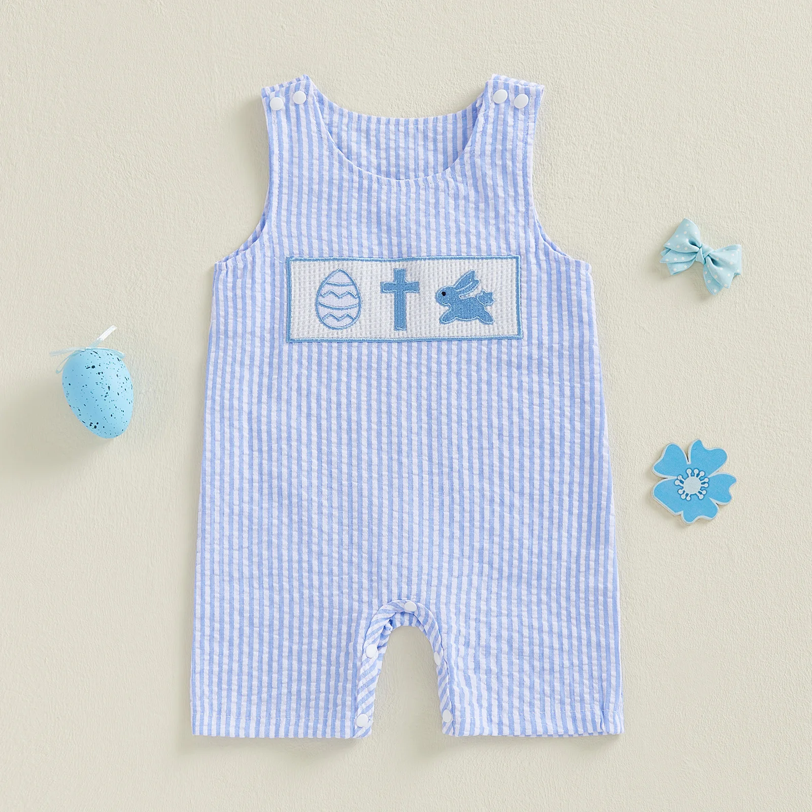 Easter Bunny Baby Boy Romper Overalls with Egg and Cross Embroidery Sleeveless Round Neck Jumpsuit in Striped Design