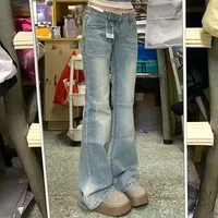 Light Wash Bell Bottom Jeans Women plus Size High Waist Lace Design Patchwork Slim Fit Floor Length Trousers