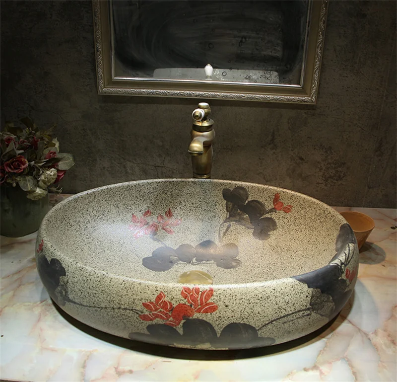 Retro Ceramic Bathroom Sinks Chinese-style Art Oval Washbasin Household Countertop Basin Outdoor Balcony Creative Single Basin