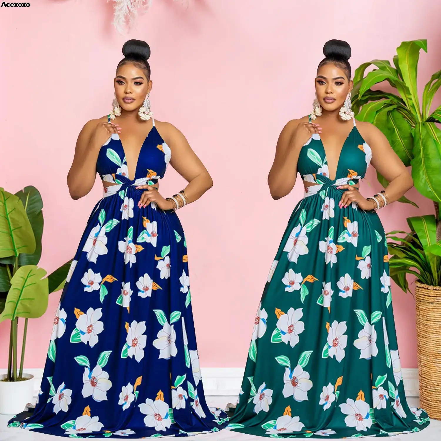 

Summer new women's fashion casual print sleeveless halter deep waist dress