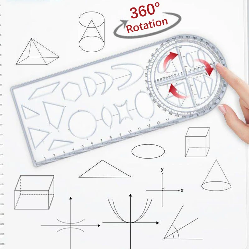 1PCS Elementary School Mathematics Students Use a Portable Transparent 3D Multi functional 360 &deg; Geometric Drawing Ruler