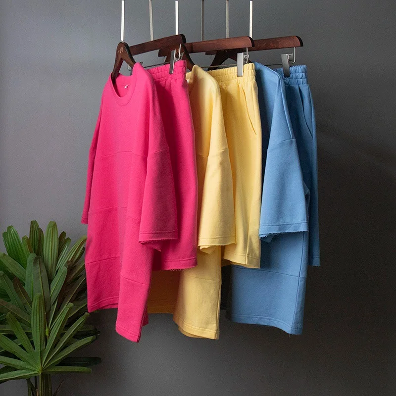 Summer 100% Cotton Solid Color T-Shirt Shorts Set Women's Sports Two Piece Set Loose Spliced T-Shirt+Sports Shorts Set