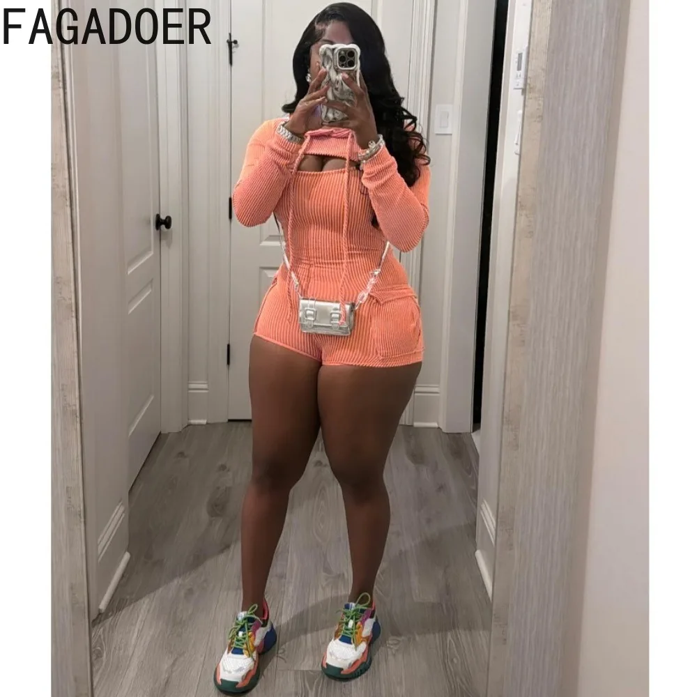 FAGADOER Fashion Solid Ribber Pocket Cargo Rompers Women Hooded Long Sleeve Top And Bodycon Jumpsuits Summer Suspenders Overalls