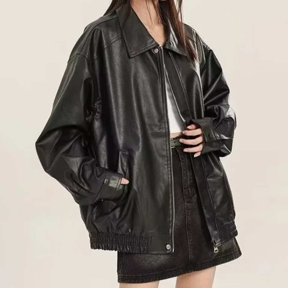 Womens Vintage Oversized Pu Leather Jacket