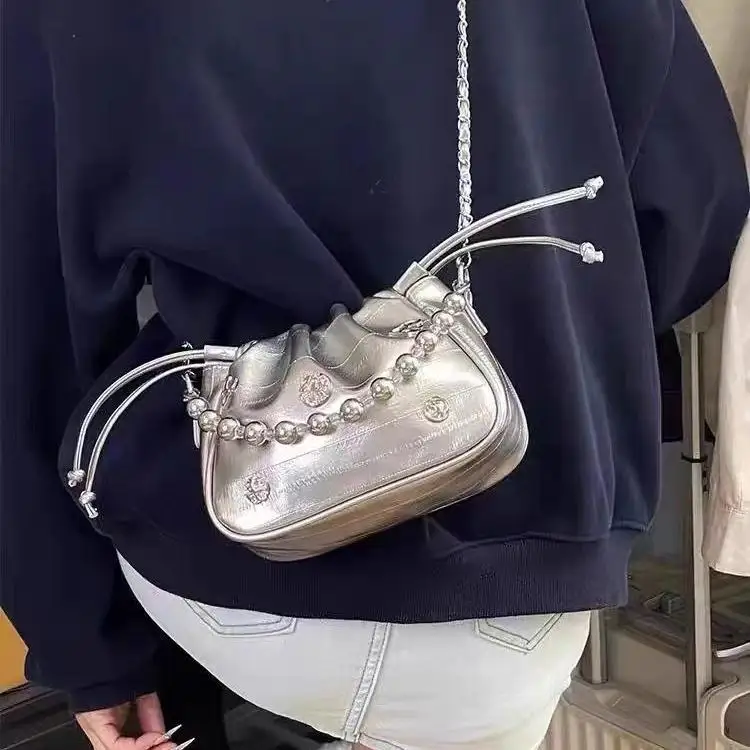 Harajuku Style Silver Diamond Studded Handbag Women Beaded Handle Gather Drawstring Chain Shoulder Bags Ladies Y2k Crossbody Bag