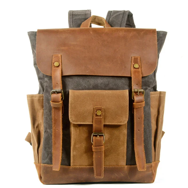 

Oil Wax Canvas Cow Leather Backpacks Unisex Waterproof Rucksacks 15" Laptops Daypacks Large Capacity Vintage Mochilas