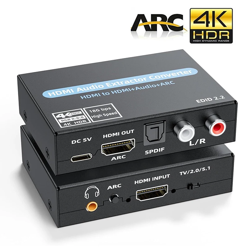 4K@60Hz HDMI 오디오 추출기 (ARC 지원) HDMI-광(옵티컬) SPDIF Toslink 3.5mm 스테레오 RCA L/R 출력, HDCP 2.2, DTS 5.1 지원, TV, PS5, PC용