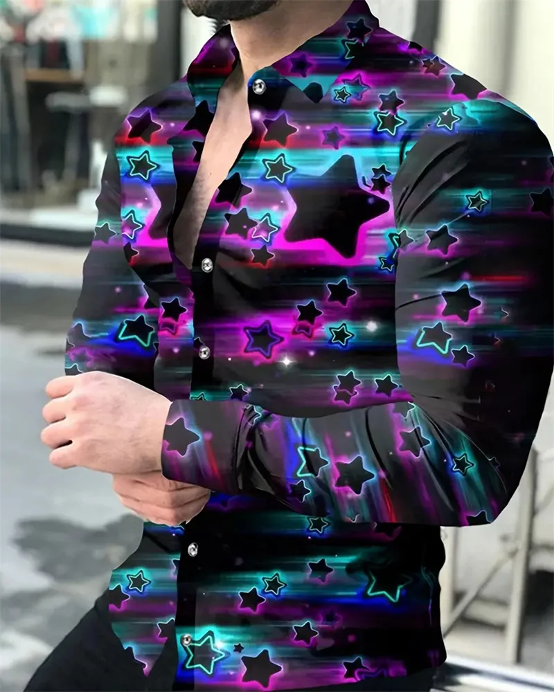 Colorful Star Pattern 3D Print Men's Spring Autumn Long Sleeve Button Lapel Shirt Party Prom Top High Quality Soft Shirt 6XL