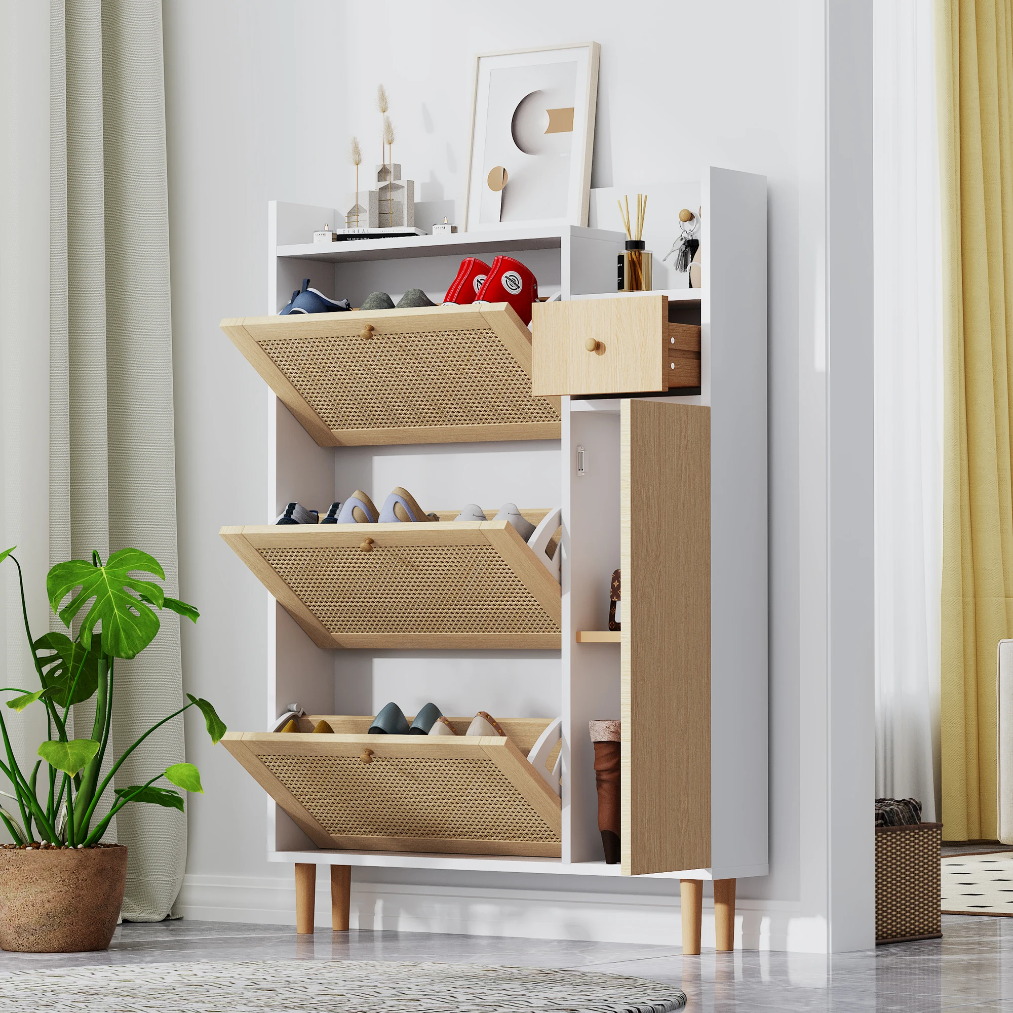 Wooden Fabric Rattan Shoe Cabinet for Narrow Entrances 3 Tilt Doors and 1 Drawer with Solid Wood Legs and Handles – Detail 8