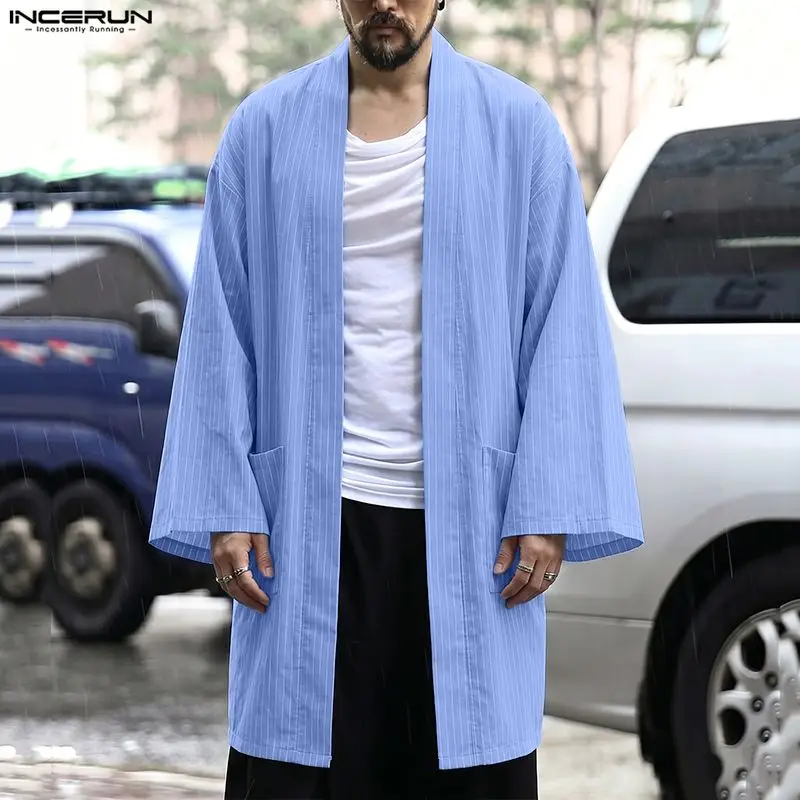 INCERUN 남성용 스트라이프 가디건 트렌치 오픈 스티치 긴 소매 캐주얼 루즈 남성 코트 streetwear 2026 롱 스타일 아우터웨어 S-3XL