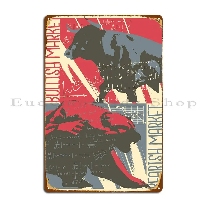 Mercato Delle Azioni Bull Bear Red Metal Sign Retro Painting Print Custom Wall Cave Tin Sign Poster