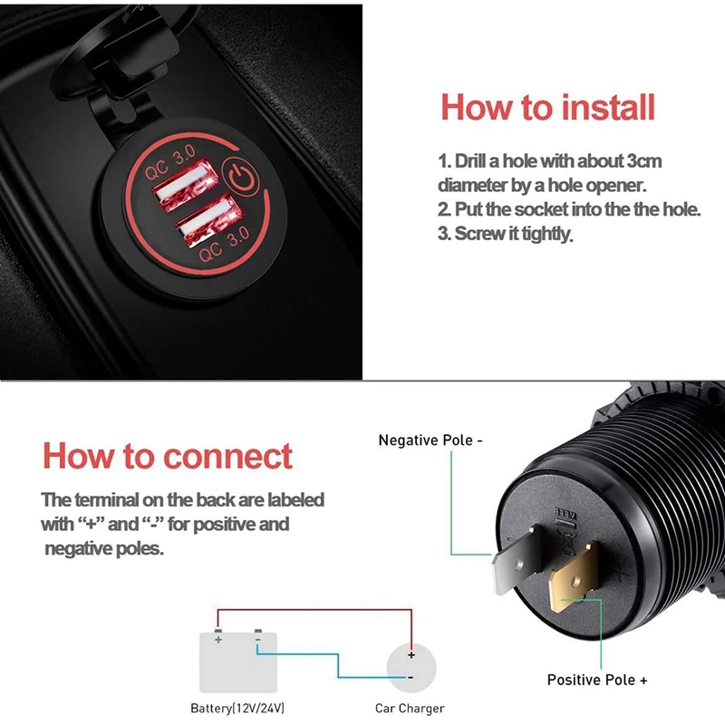 2X QC 3.0  USB  ,  12V, 24V USB ܼƮ, ġ ġ , ڵ, ؾ, Ʈ, RV, , 