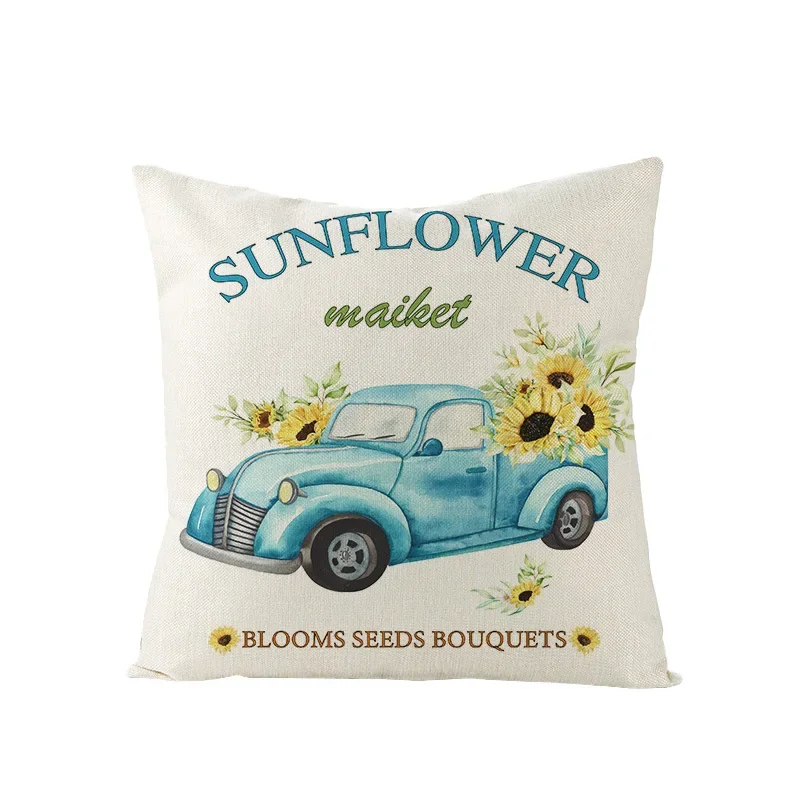 Funda de cojín de lino con estampado de girasol y abeja para decoración del hogar, 45 x 45 cm, estilo rústico