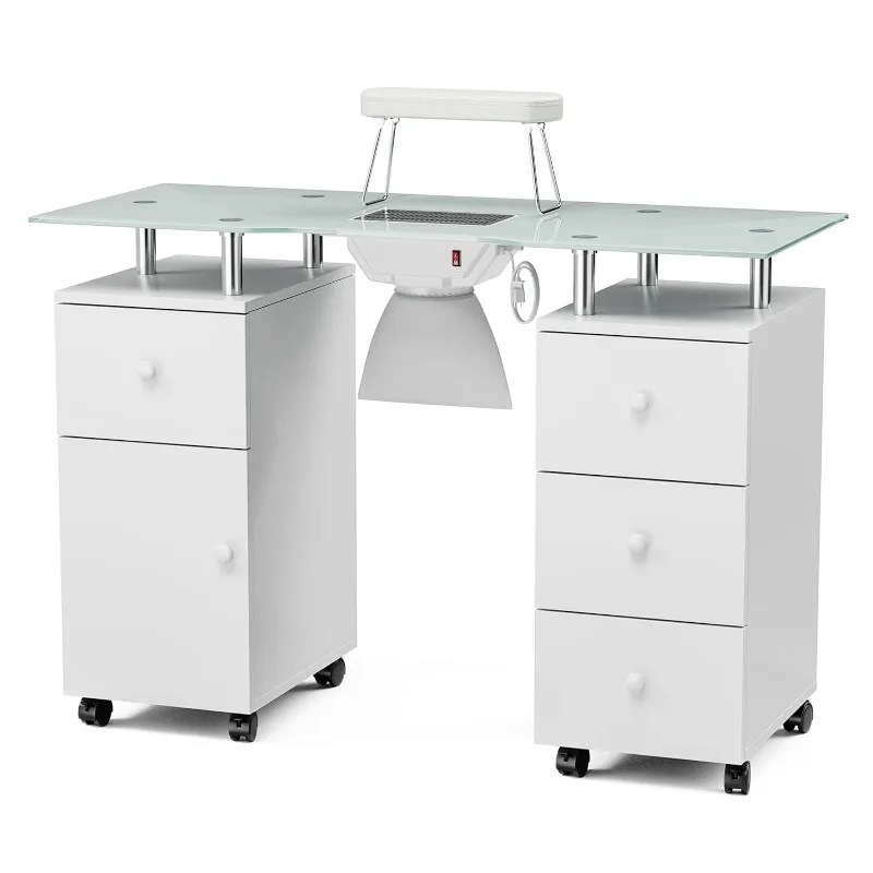 Paddie Manicure Table with Glass Top, Foldable Arm Rest, Lockable Wheels, Storage Drawers for Nail Tech - White manicure table nail desk for nail tech w glass top