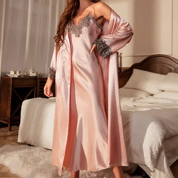 Fashion Sexy Lace Up Night-robe Sleeping Skirt Two-piece Set Women's Luxury Four Seasons Home Clothing Thin Suspender Nightdress