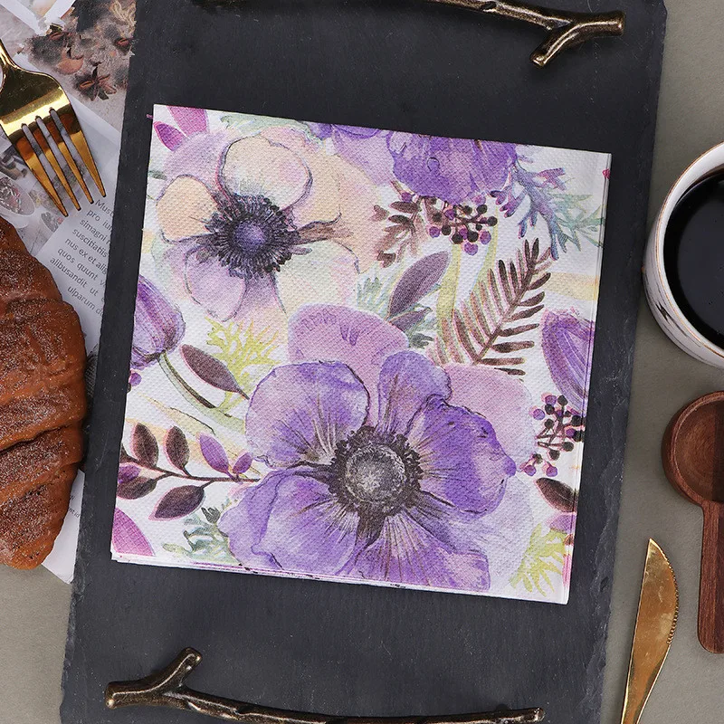 20pcs/bag Retro Purple Flower Printed Napkins Paper Disposable Tableware Wedding Bridal Party Decoration