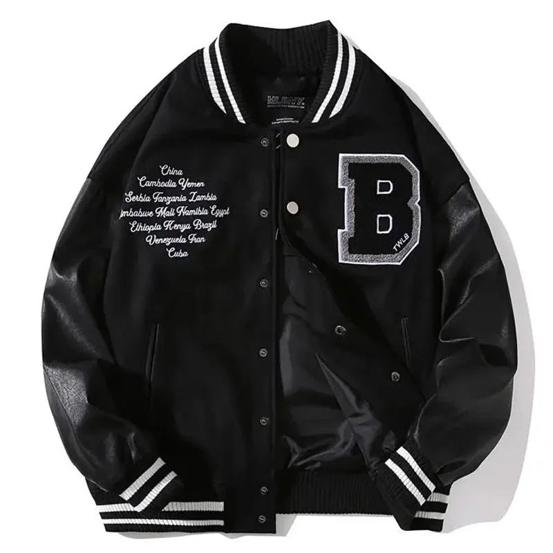 Spring Fall Stitching Leather Sleeve Bomber Jacket Letter Embroidered Black Baseball Uniform Men Women Couple Casual Streetwear
