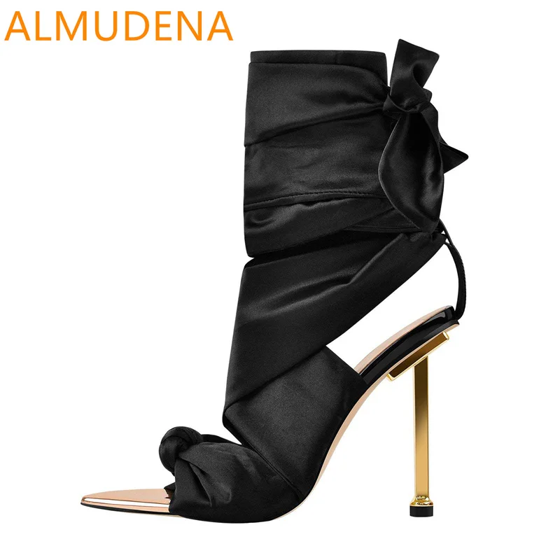 

Satin Cross Tied Women Sexy Sandals Pointed Toe Thin Heel Lace Up Sandals Super High Heel Metal Heel Peep Toe Modern Sandals