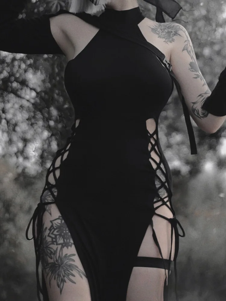 

Gothic DressKnit High Neck Sleeveless Skeleton Dress 2023 Summer Autumn Sexy Hottie Slim Long Dress FemaleGoth dress