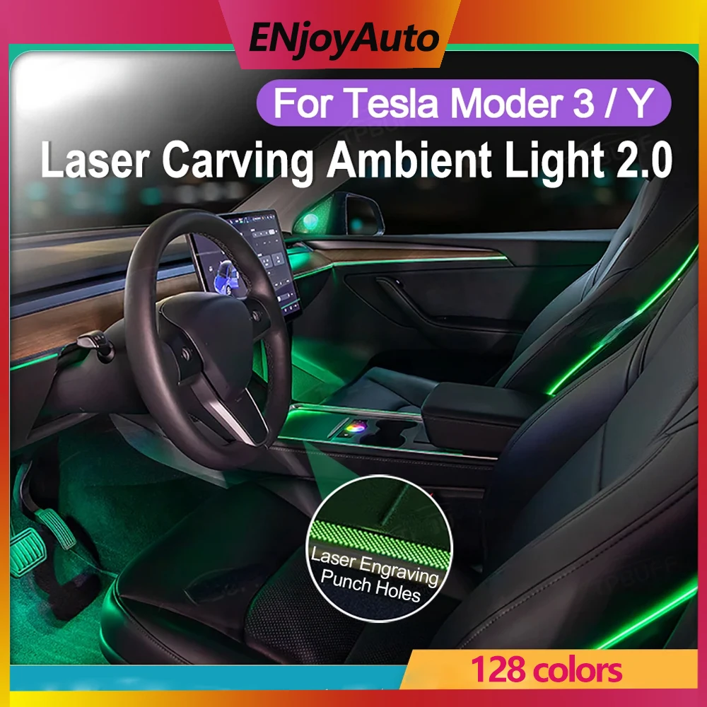 

Окружающая модель 2,0, новинка для Tesla Model 3 Y Laser Radium Carving, ЖК-панель управления, 128 цветов, атмосфера, технические звуковые эффекты