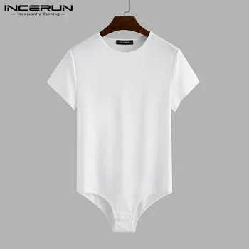 INCERUN 2024 Men Bodysuit Solid Color Pajamas Sexy Short Sleeve O-neck Rompers Underwear Summer Fitness Cozy Men Bodysuits S-5XL