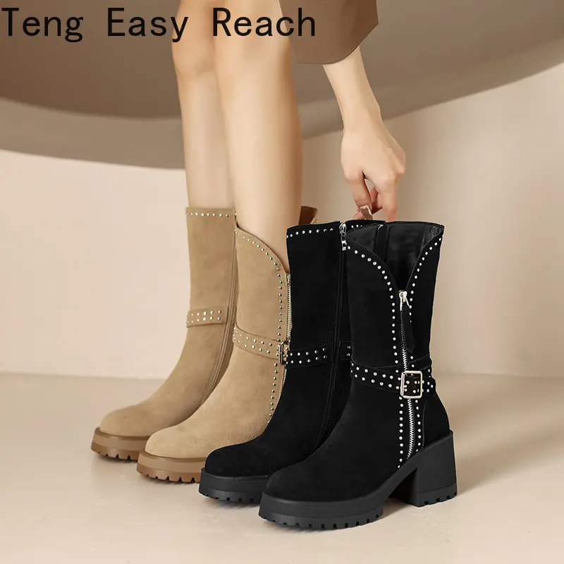 

New Ladies Leather Nude Boots Fashion Comfortable Thick Heel Zipper Boots Autumn and Winter Ladies Nude Boots Black Khaki